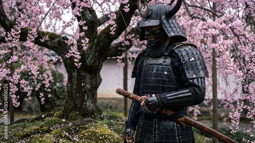 Samurai warrior in black armor and kabuto helmet stands in a historic japanese garden beneath blooming pink sakura, embodying bushido honor, discipline and timeless tradition