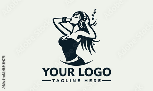 Vector logo design featuring a woman singing with music notes and a customizable 'YOUR LOGO' tagline on a light green background