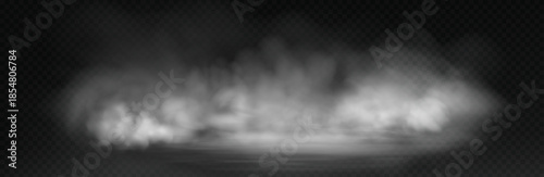 White smoke cloud with overlay effect on dark background. Realistic fog texture spreading along the floor. Atmospheric illustration of misty vapor or haze with dramatic light effect.