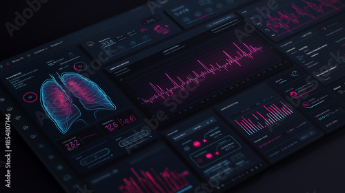 Medical monitoring dashboard interface, vital signs visualization, healthcare analytics screen, dark UI, neon highlights, professional medical design