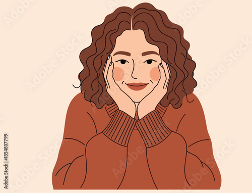 cartoon woman with curly hair and red sweater smiling