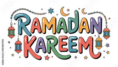 Ramadan Kareem: A vibrant illustration showcasing the spirit of Ramadan, with beautifully designed text and symbolic elements of the Islamic holy month, including crescent moons and lanterns.