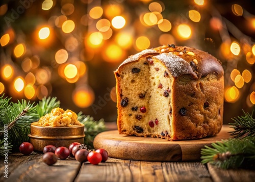 Festive Christmas Panettone with Dried Fruits & Twinkling Lights - Tilt-Shift Stock Photo