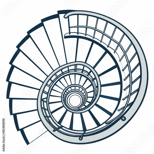 Top View Spiral Staircase Vector Illustration - Modern Abstract Swirl Architecture Design for Interior Decor, Business Growth Concept, Geometric Helical Stairs with Steel Railing