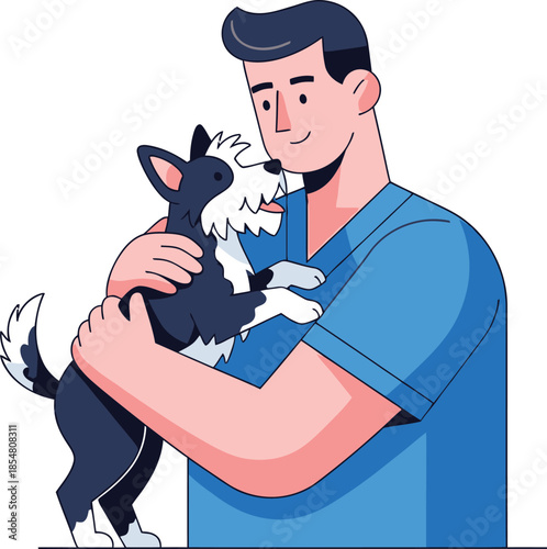 man holding black and white dog in his arms affectionately