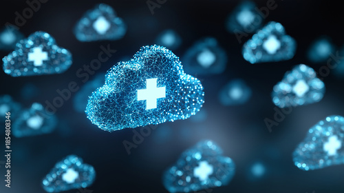 Medical cloud computing concept, healthcare data storage network, glowing cloud icons, secure digital infrastructure, blue futuristic background
