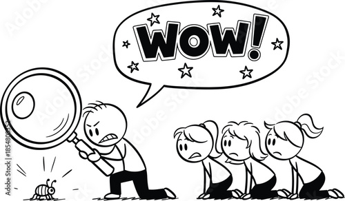 man using magnifying glass to burn ant with kids watching in shock