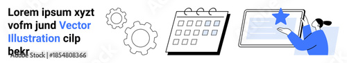 Business planning, productivity tools, teamwork, scheduling organization, digital technology, and workflow optimization. Gears, a calendar and a person interacting with a screen. Business planning