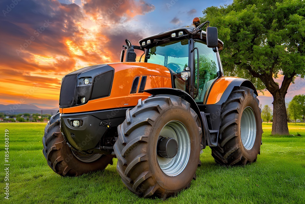 Obraz premium Agricultural tractor with large tires, parked on lush green grass, under a vibrant sunset sky, showcasing modern design and powerful machinery in a rural landscape