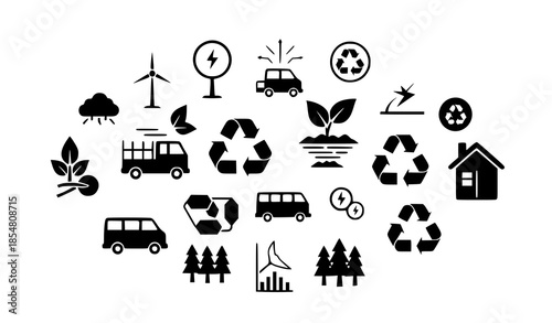 Minimal black ecology and renewable energy icons vector illustration on white background