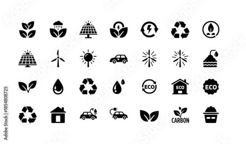 Black environmental sustainability icons vector set with ecology and renewable energy symbols