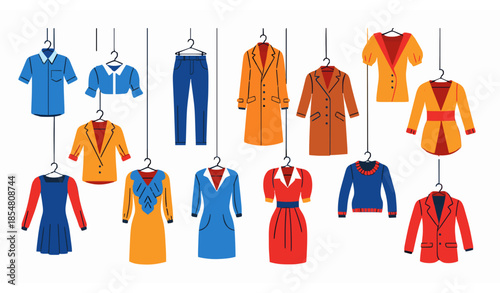 Flat fashion clothing items vector set with modern garments isolated on white background