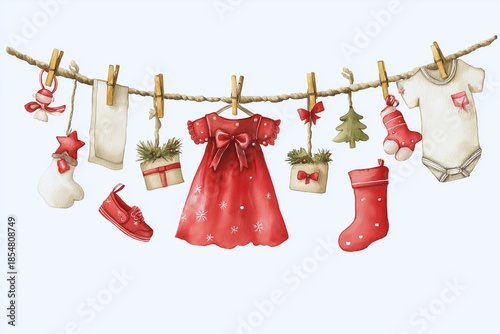 Watercolor Christmas Baby Clothes Line with Gifts and Holiday Decorations (PNG 8640×5760)