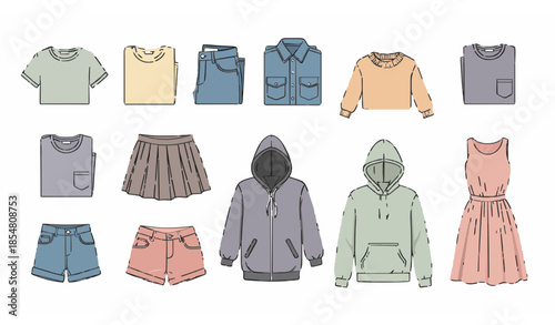 Flat clothing collection vector illustration with casual apparel items isolated on white background