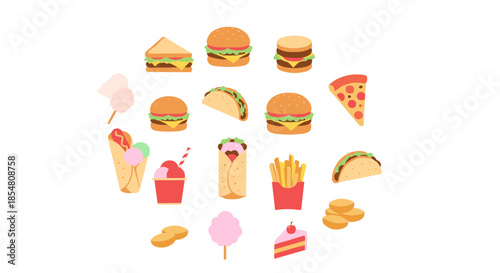 Modern flat fast food collection vector with popular meals and desserts on white background