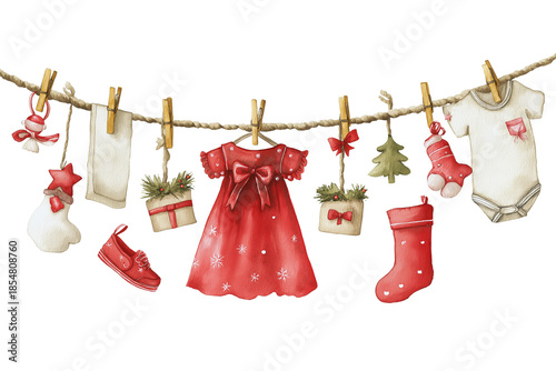 Watercolor Christmas Baby Clothes Line with Gifts and Holiday Decorations (PNG TR 10800×7200)