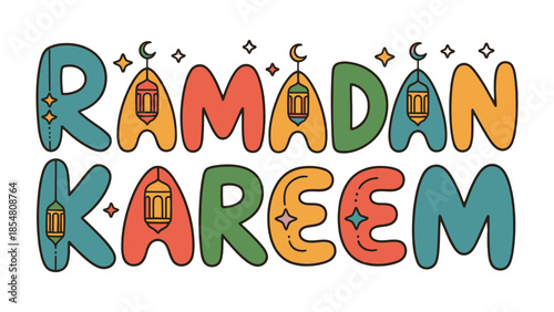 Ramadan Kareem: A vibrant and colorful design, decorated with crescent moons, stars, and lanterns, creates a festive and spiritually enriching visual celebrating the Islamic holy month.