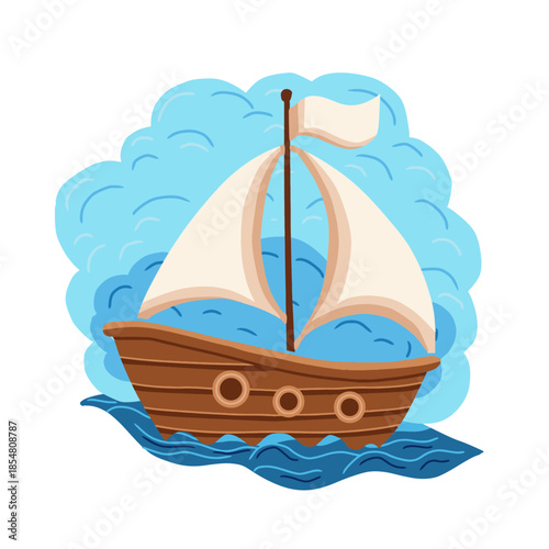 Sailing boat on ocean waves vector illustration. Hand drawn cartoon wooden ship in the sea isolated