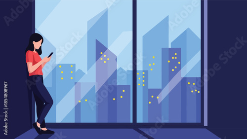 woman looking at her phone by the window with city view