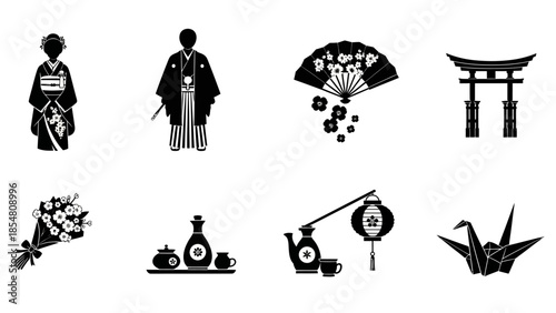 A collection of eight black and white Japanese cultural icons, including traditional clothing, a fan, a torii gate, a bouquet, sake set, lantern, and origami crane.