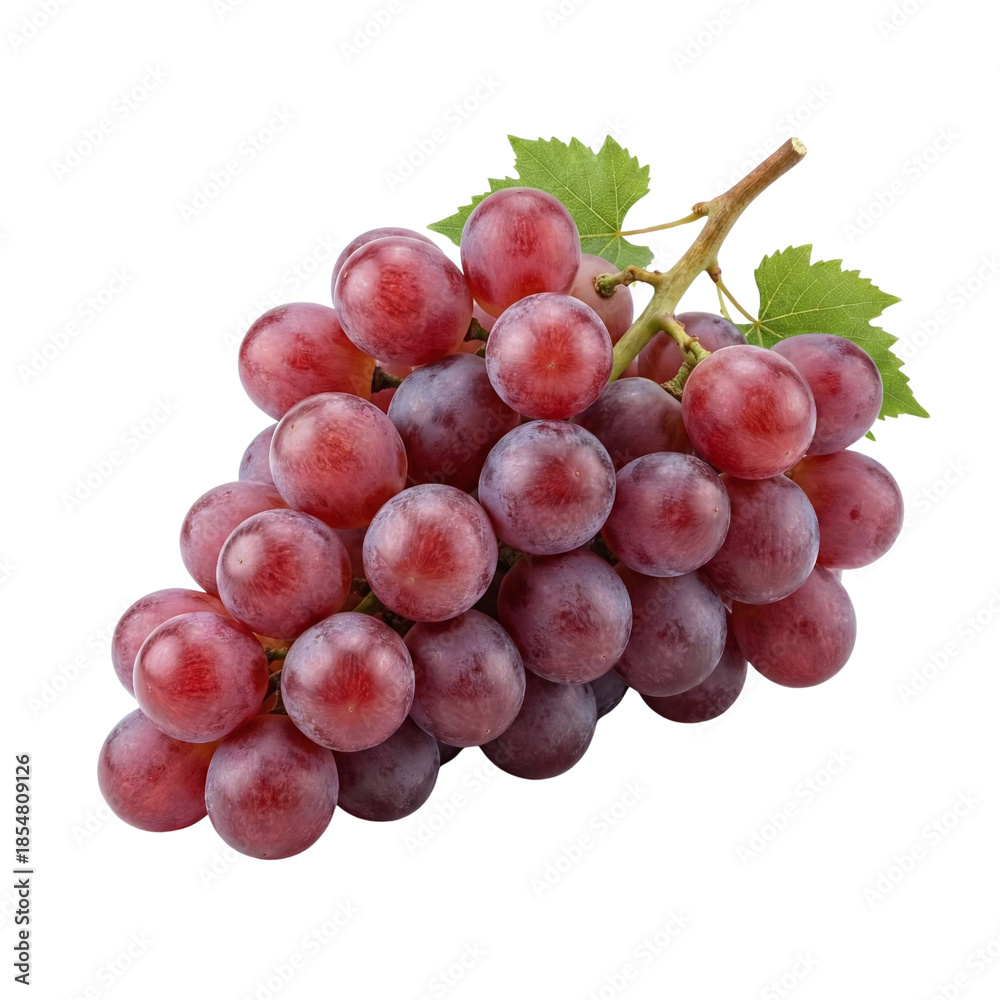 Fototapeta premium Bunch Of Fresh Red Grapes With Green Leaf Isolated