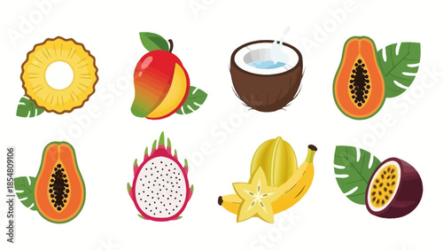 A vibrant collection of exotic tropical fruits, including pineapple, mango, coconut, papaya, dragon fruit, star fruit, banana, and passion fruit, artfully arranged with green leaves.
