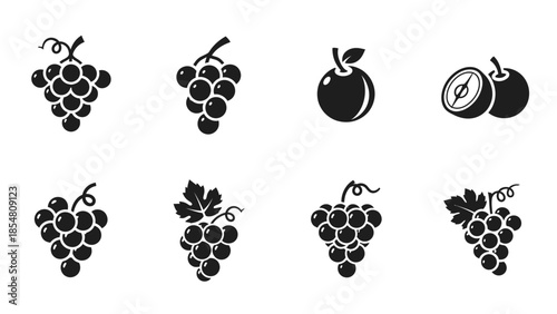 A collection of black and white icons representing bunches of grapes and a plum, showcasing various artistic styles and details.