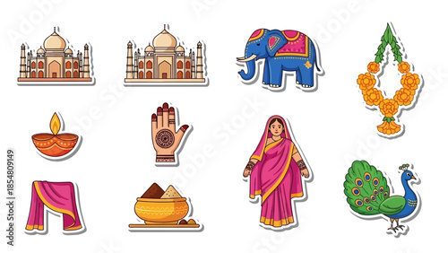 A vibrant collection of Indian cultural icons, including the Taj Mahal, an elephant, a peacock, and traditional clothing, symbolizing India's rich heritage.