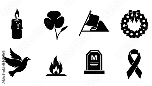 A collection of black silhouette icons representing remembrance, mourning, peace, and memorial symbols on a white background.