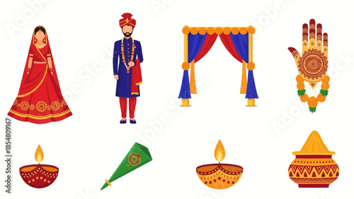 Collection of Indian Wedding Icons: Bride, Groom, Mandap, Mehendi, Diya, and Pot.