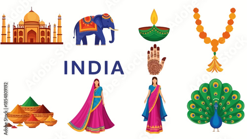 A vibrant collection of iconic Indian cultural symbols and elements, including the Taj Mahal, an elephant, traditional attire, and festival items.