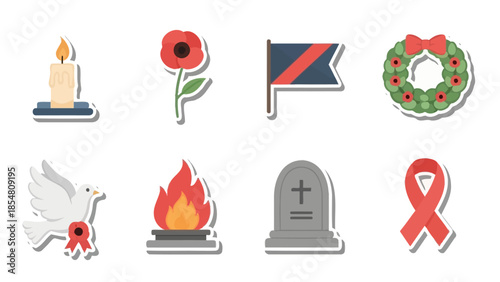 A collection of remembrance and memorial icons, including a poppy, candle, wreath, dove, eternal flame, tombstone, and red ribbon.