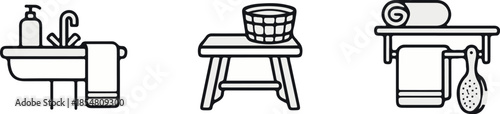 Bathroom and Sauna Line Icon Set. Sink, Wooden Stool with Bucket, and Towel Rack Symbols.