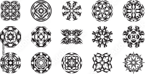 Intricate black and white abstract tribal vector patterns, a versatile collection of ornamental and decorative designs with symmetric and radial motifs