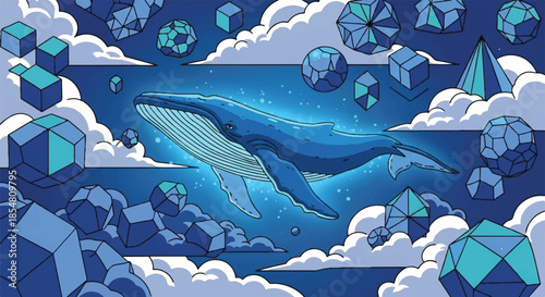 Majestic Blue Whale Floating Among Geometric Crystals and Clouds in Surreal Fantasy Sky