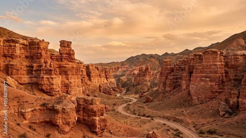 Charyn canyon, kazakhstan at golden hour: dramatic red sandstone towers, a winding dirt road through a vast eroded desert valley under warm, cloud-streaked sunrise/sunset sky