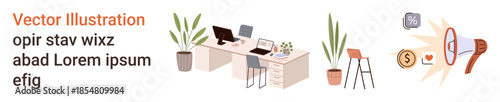 Business tools, workspace, marketing, digital promotions, remote work, office design. Desk with computers, chairs and plants. Business tools and workspace setup concept
