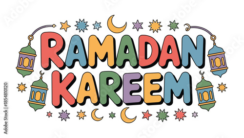 Ramadan Kareem Illustration: A vibrant and celebratory illustration wishing a blessed Ramadan. Embellished with lanterns, stars and crescent moons. conveying the essence of Ramadan.