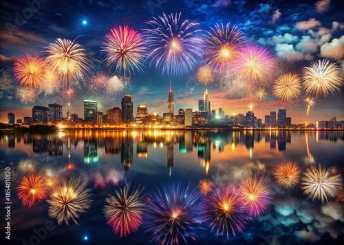 Fireworks Spectacle Over Cityscape and River at Night