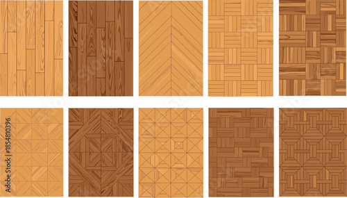 Wood flooring pattern set, parquet and plank styles, interior design texture, architectural decor graphics, cad drawing flat vector illustration