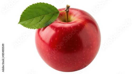 Fotografie Shiny red apple with green leaf isolated PNG, fresh fruit close-up on transparen
