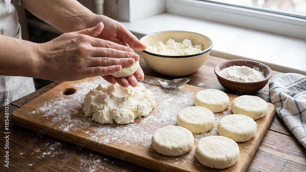 Fototapeta premium Hands forming raw syrniki or cottage cheese pancakes from white dough mixture on a floured wooden chopping board, with additional cottage cheese and flour in bowls nearby preparing for cooking