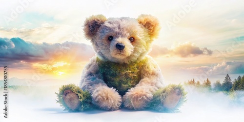 Fluffy Teddy Bear Double Exposure: Dreamy White Background Stock Photo