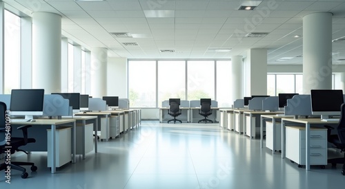 Many computers and desks in this office with large windows