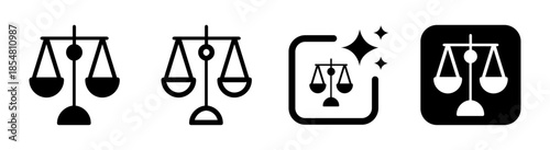 Black balance scale icon vector illustration representing justice and fairness with transparent PNG background
