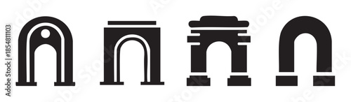 Four distinct architectural arches and gateways in a minimalist black silhouette style, representing various historical and modern monument designs.