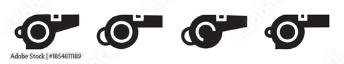 Four black whistle icons vector illustration set, a collection of simple graphic symbols representing a referee or coach's tool for sports and warning signals.