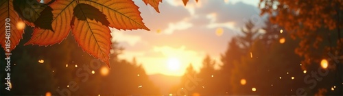 View of a sunset with leaves and a river