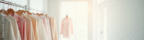 Many shirts hanging on a rail in a room