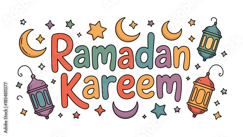 Ramadan Kareem Illustration: A vibrant and colorful illustration conveys the spirit of Ramadan Kareem with crescent moons, stars, and lanterns. The image is a festive and celebratory representation. 